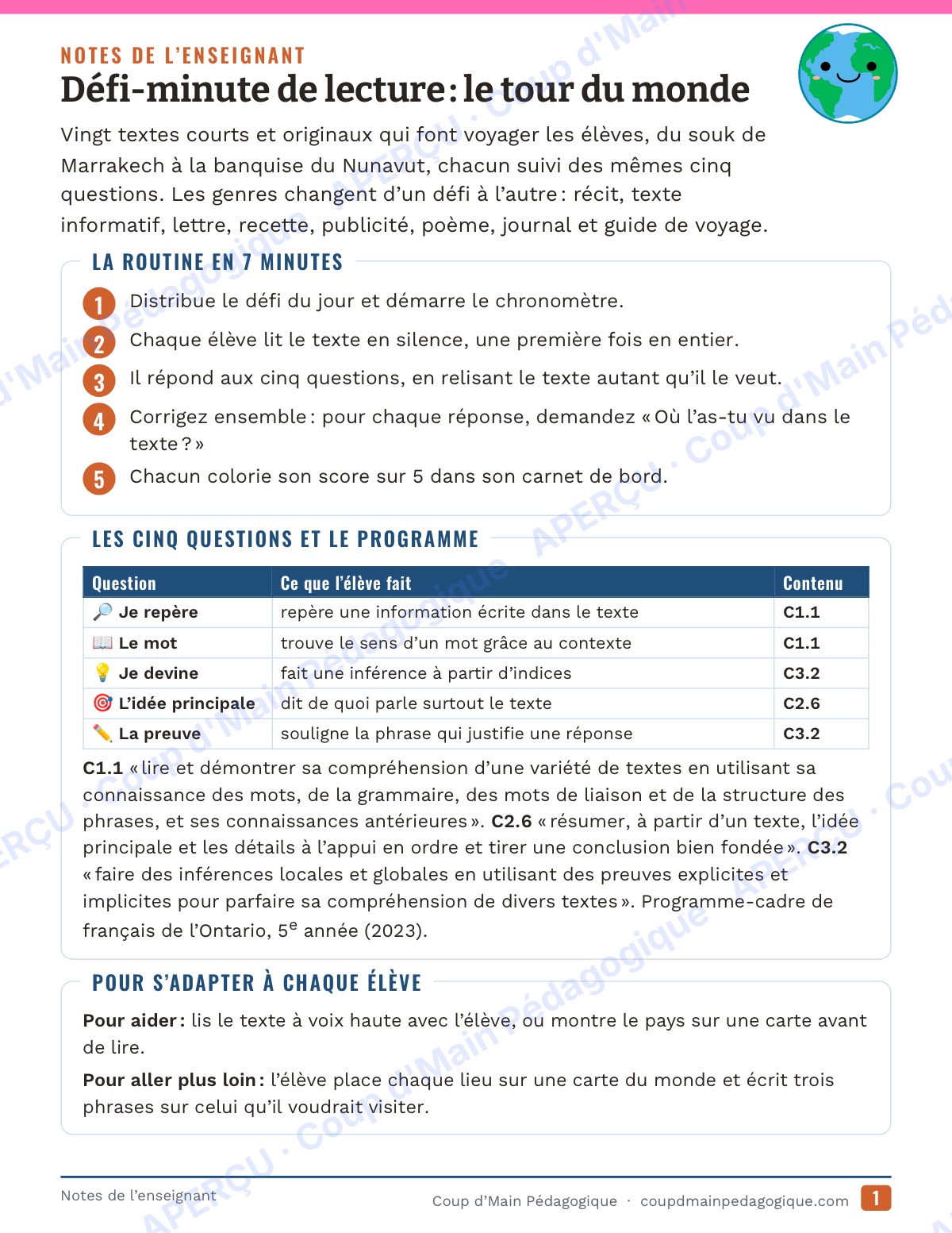 Page 1 — Défi-minute de lecture — 5e, le tour du monde