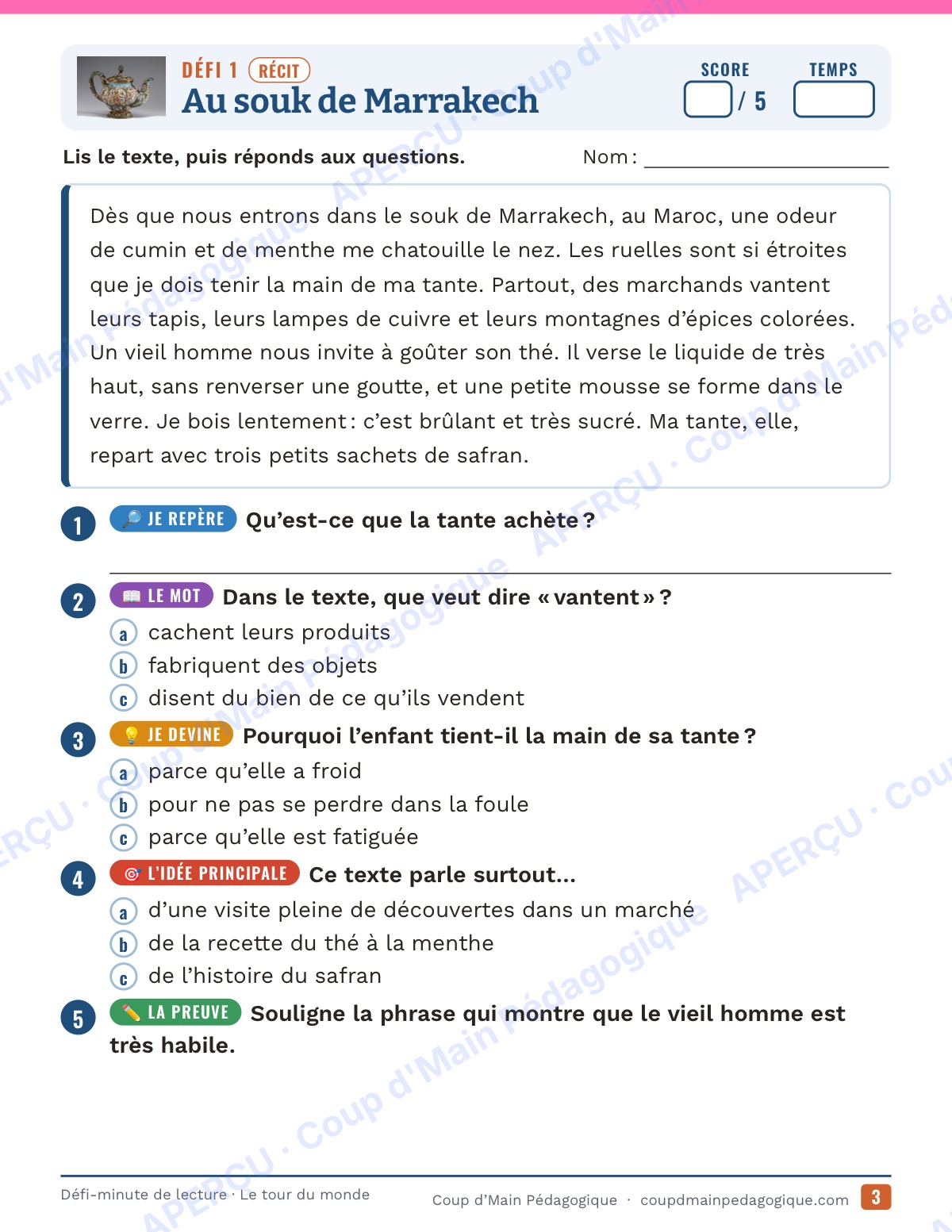 Page 3 — Défi-minute de lecture — 5e, le tour du monde