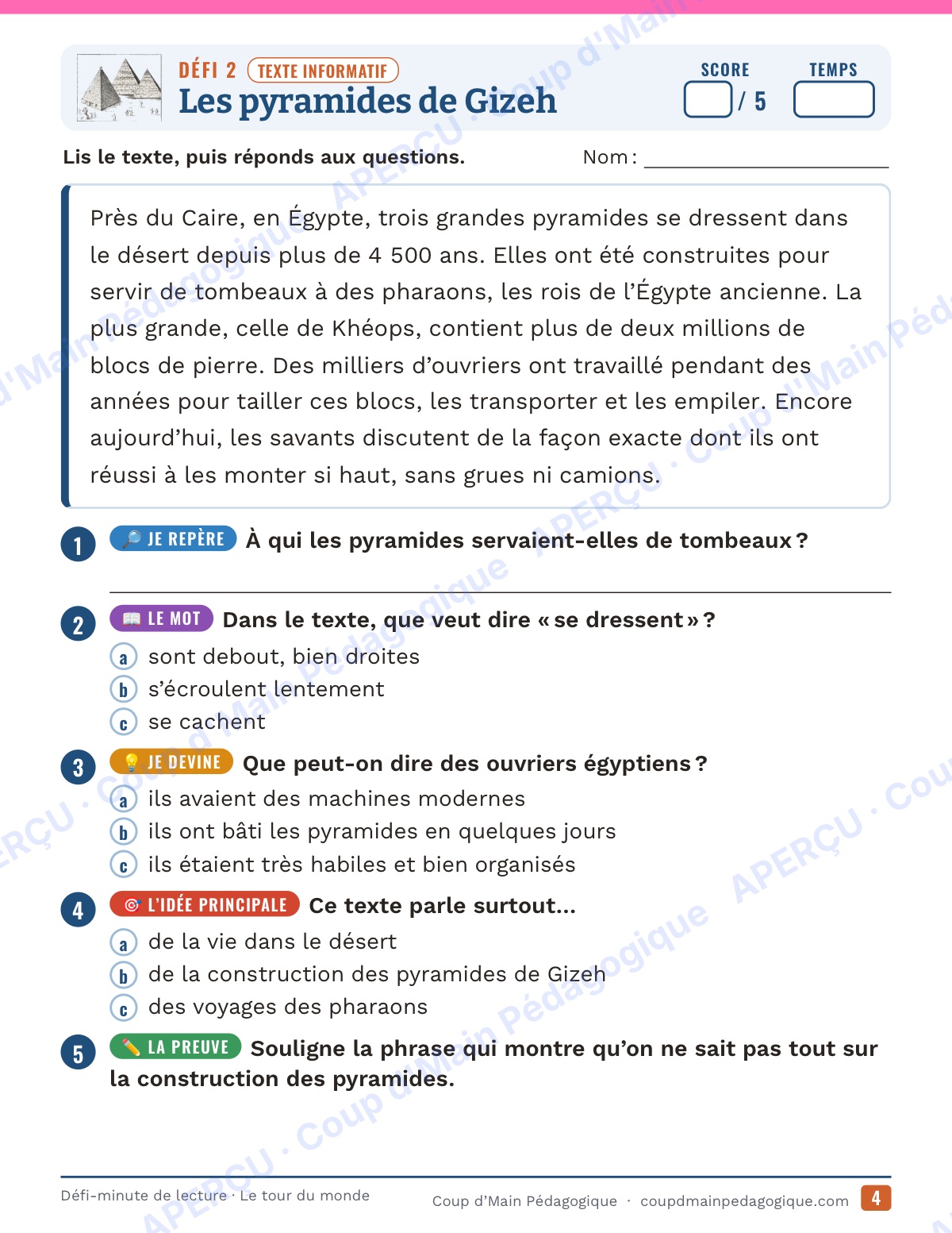 Page 4 — Défi-minute de lecture — 5e, le tour du monde