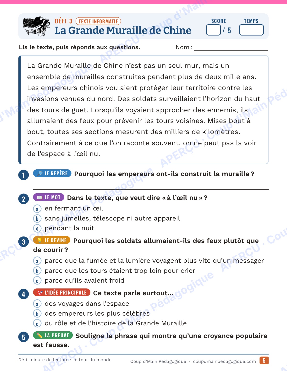 Page 5 — Défi-minute de lecture — 5e, le tour du monde
