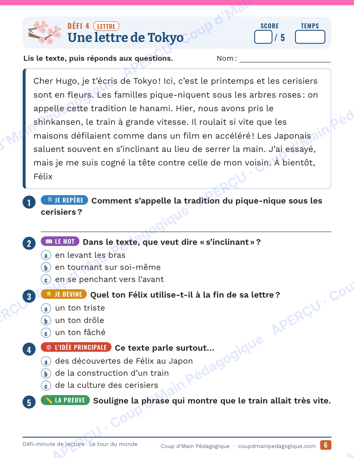 Page 6 — Défi-minute de lecture — 5e, le tour du monde