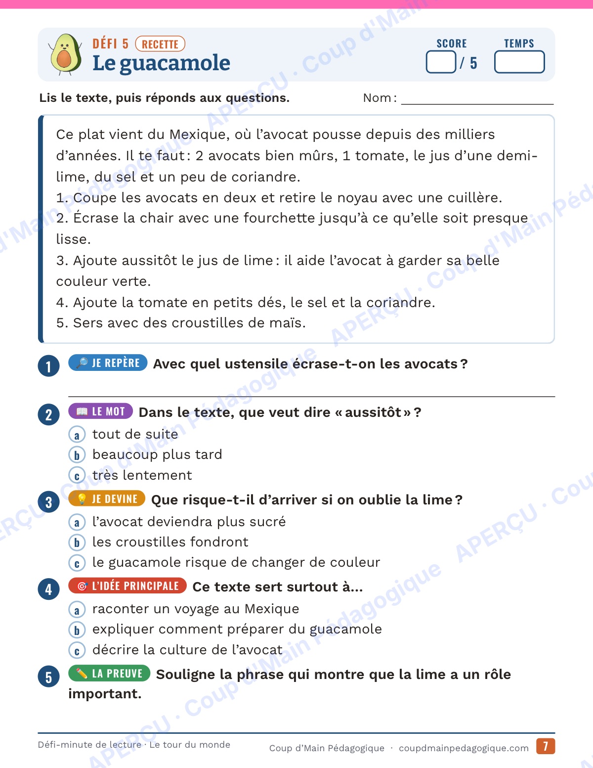 Page 7 — Défi-minute de lecture — 5e, le tour du monde