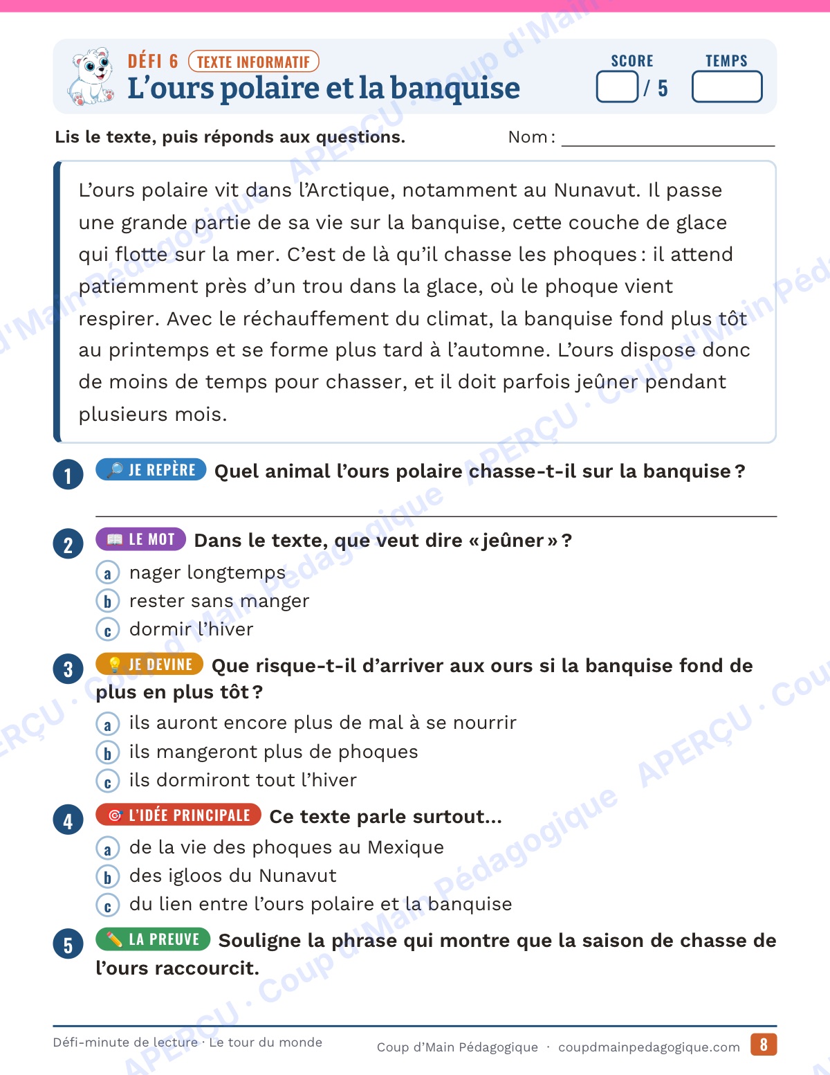 Page 8 — Défi-minute de lecture — 5e, le tour du monde