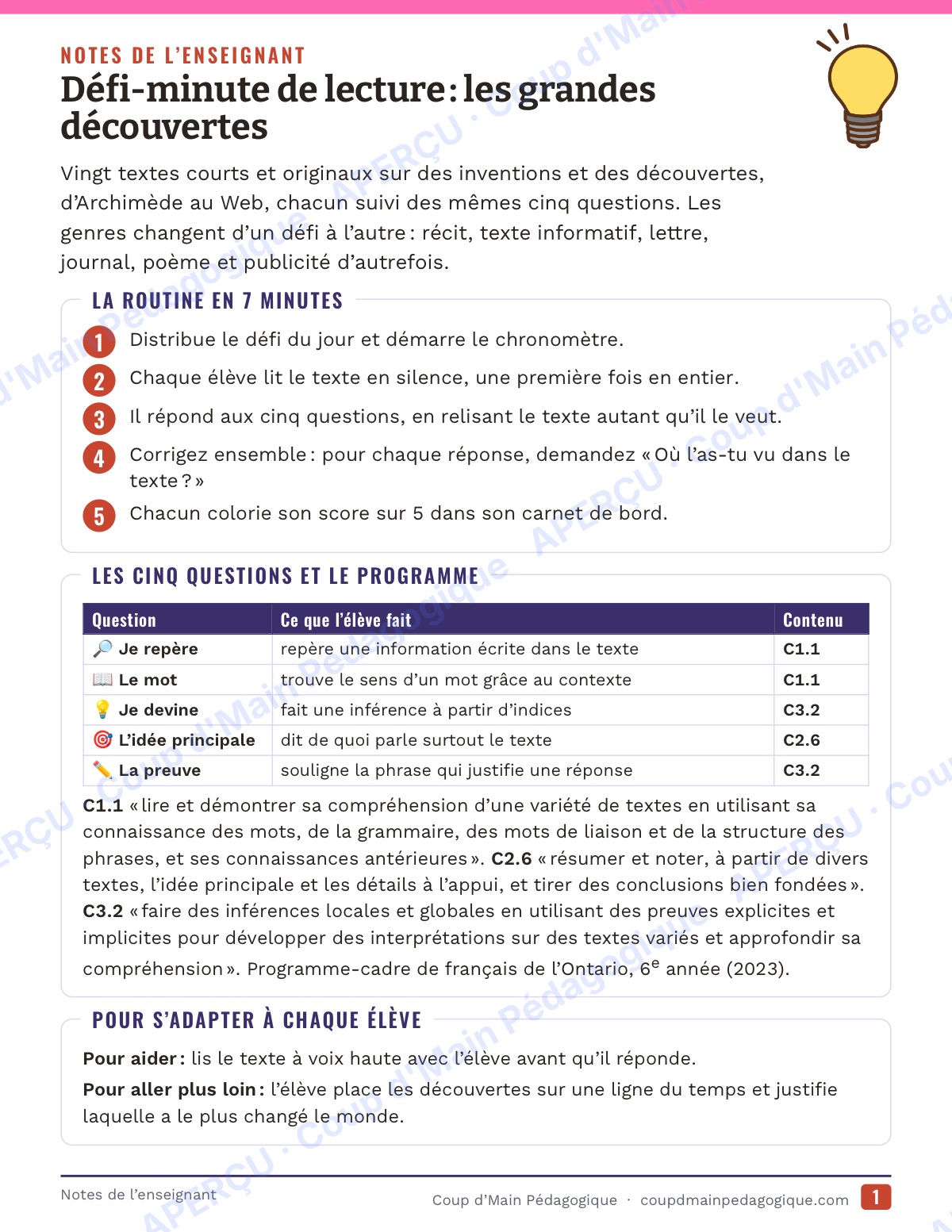 Page 1 — Défi-minute de lecture — 6e, grandes découvertes