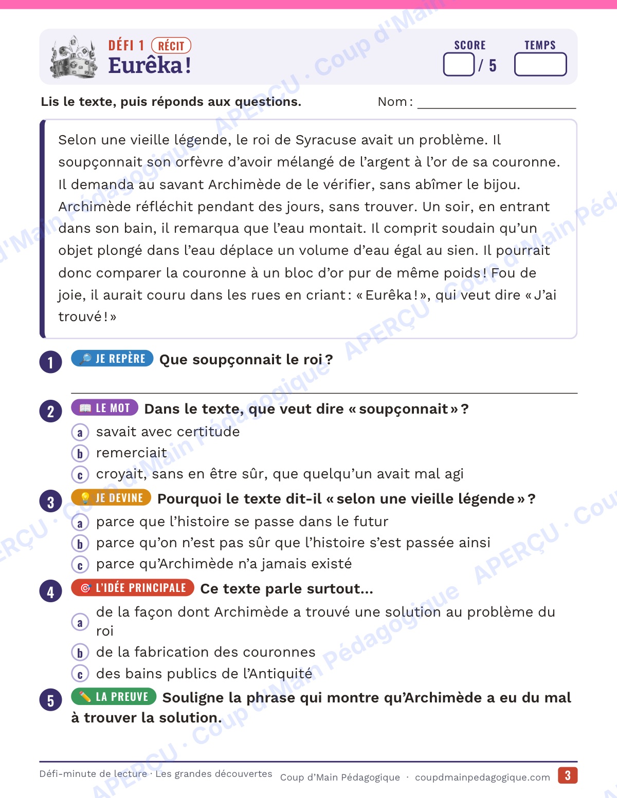 Page 3 — Défi-minute de lecture — 6e, grandes découvertes