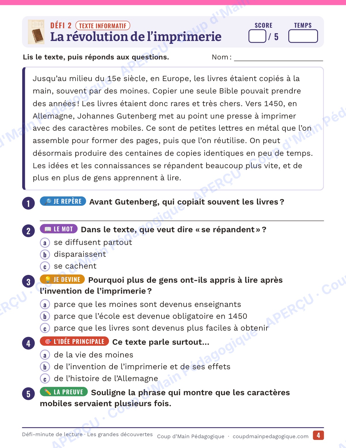 Page 4 — Défi-minute de lecture — 6e, grandes découvertes