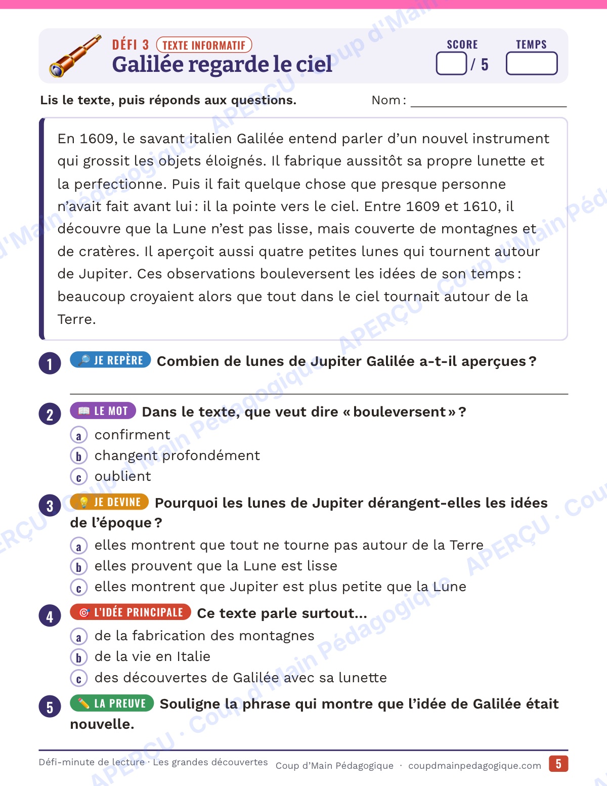Page 5 — Défi-minute de lecture — 6e, grandes découvertes