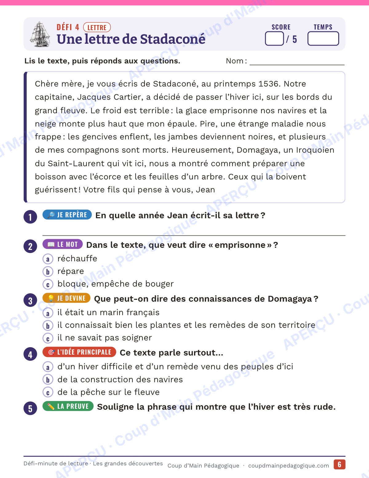 Page 6 — Défi-minute de lecture — 6e, grandes découvertes
