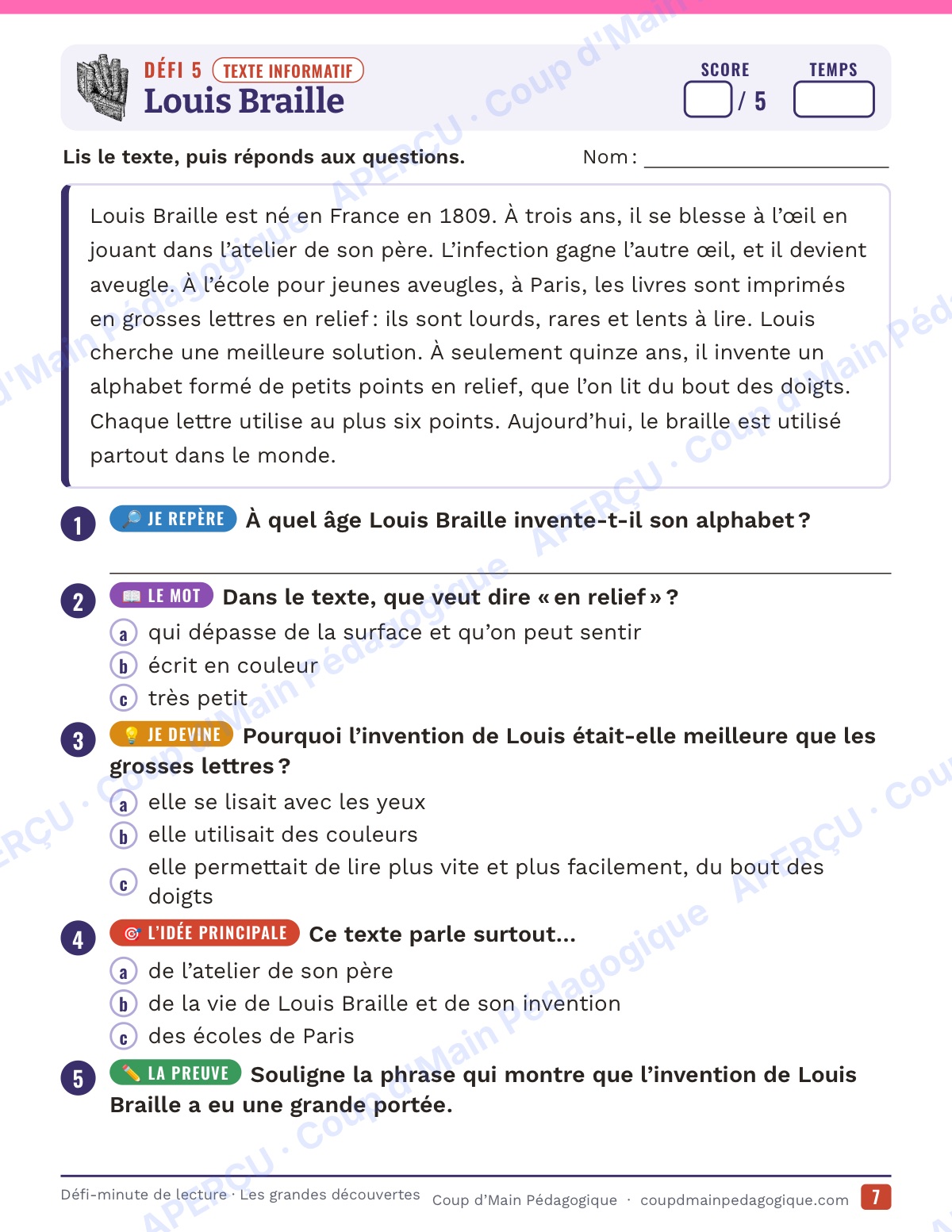 Page 7 — Défi-minute de lecture — 6e, grandes découvertes