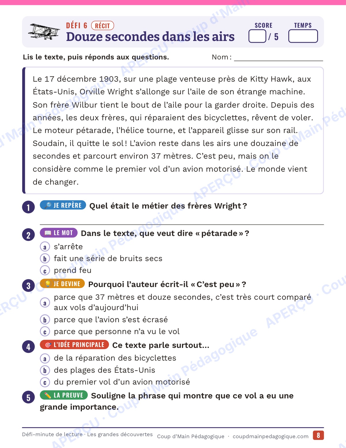 Page 8 — Défi-minute de lecture — 6e, grandes découvertes