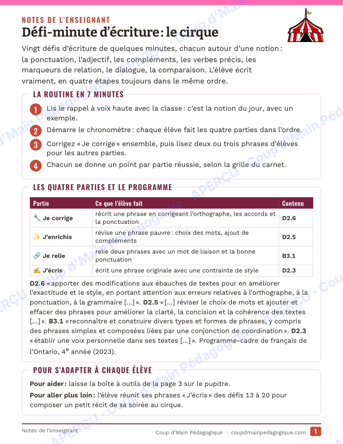 Page 1 — Défi-minute d'écriture — 4e année, le cirque