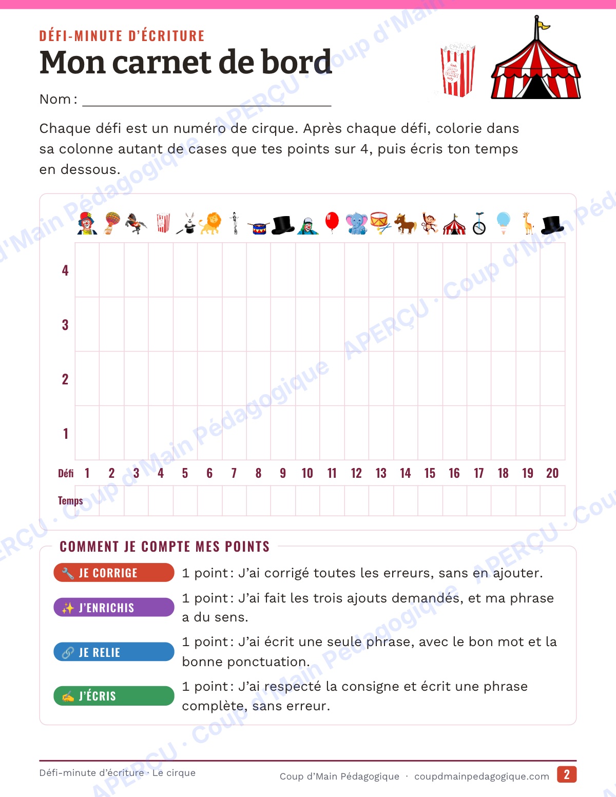 Page 2 — Défi-minute d'écriture — 4e année, le cirque