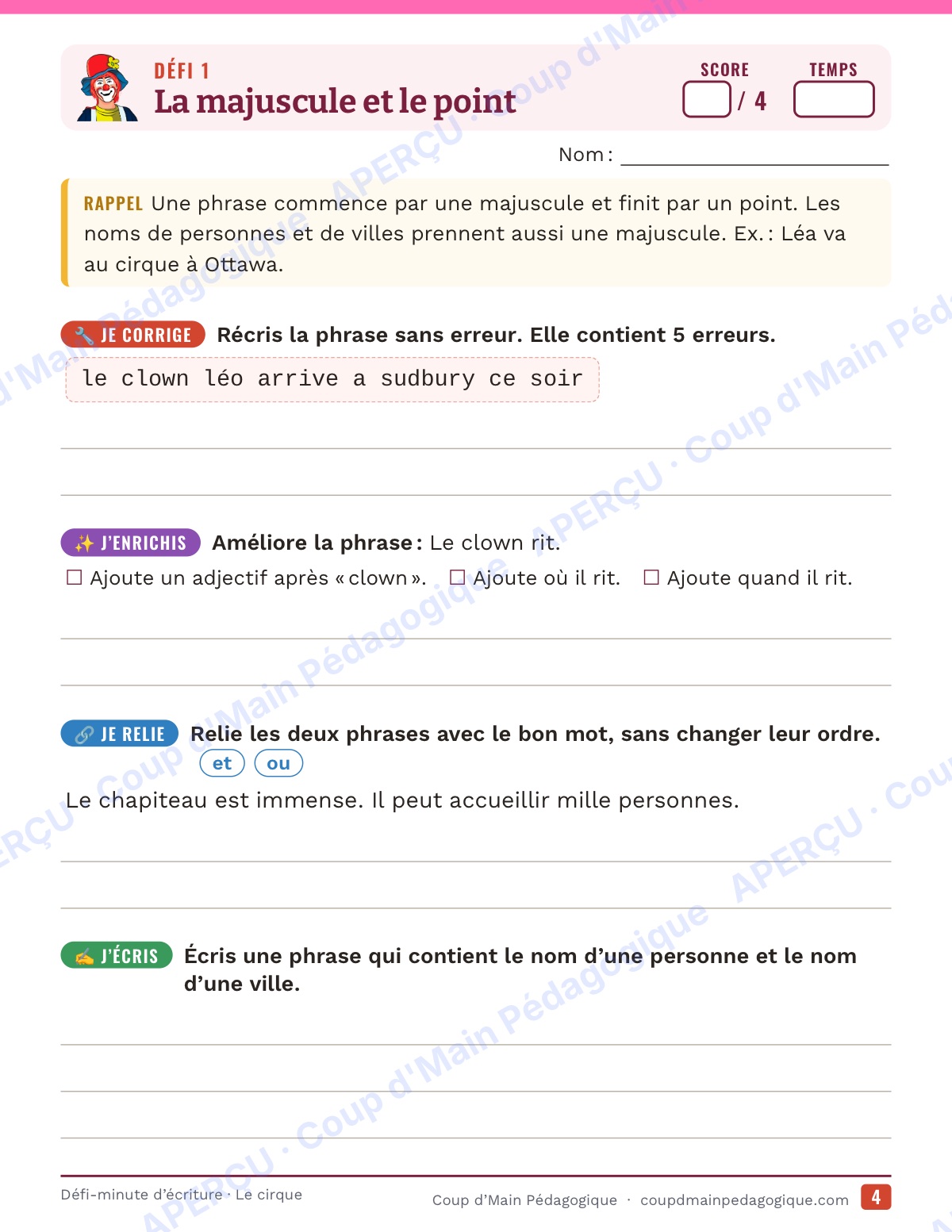 Page 4 — Défi-minute d'écriture — 4e année, le cirque