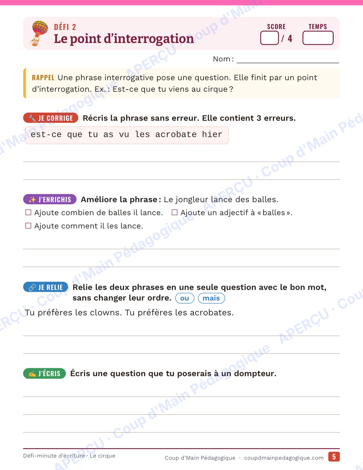 Page 5 — Défi-minute d'écriture — 4e année, le cirque