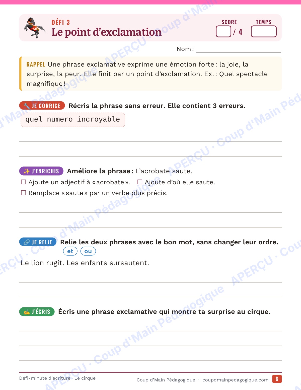 Page 6 — Défi-minute d'écriture — 4e année, le cirque