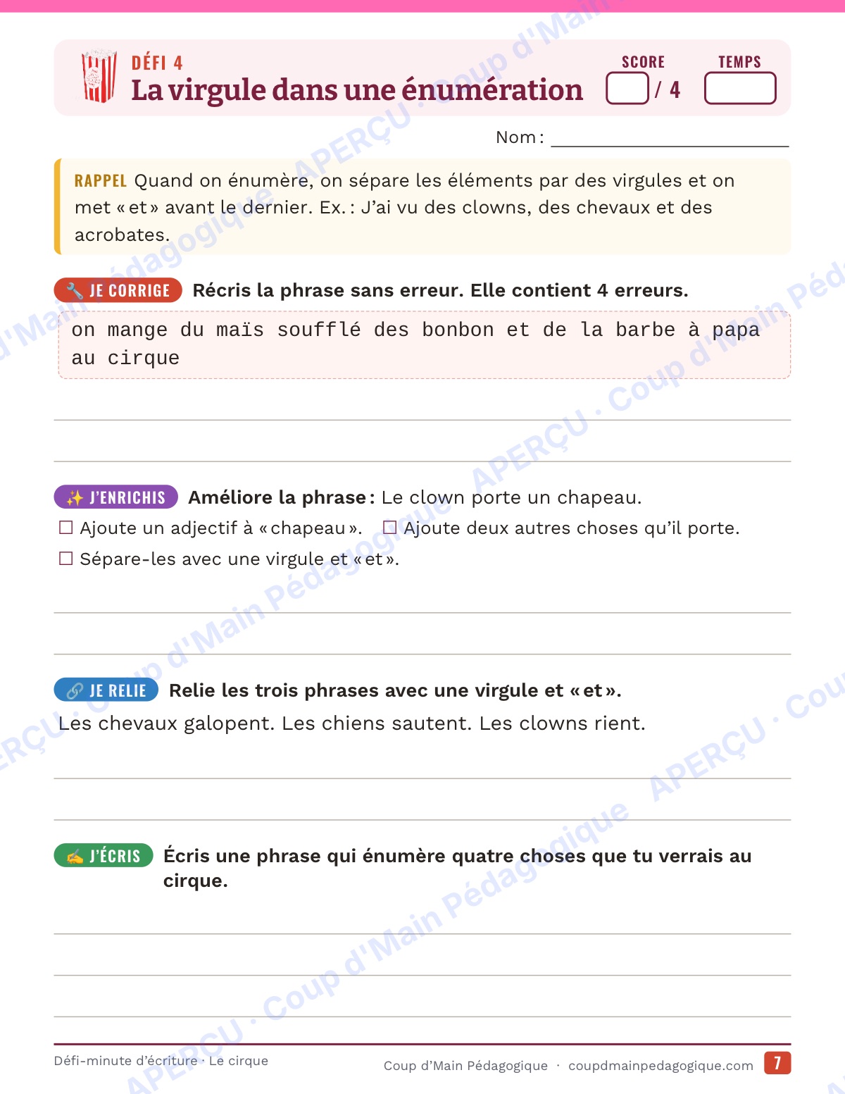 Page 7 — Défi-minute d'écriture — 4e année, le cirque
