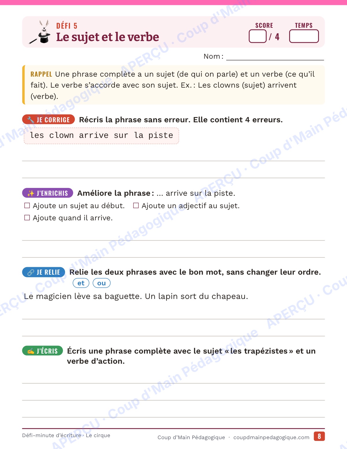 Page 8 — Défi-minute d'écriture — 4e année, le cirque