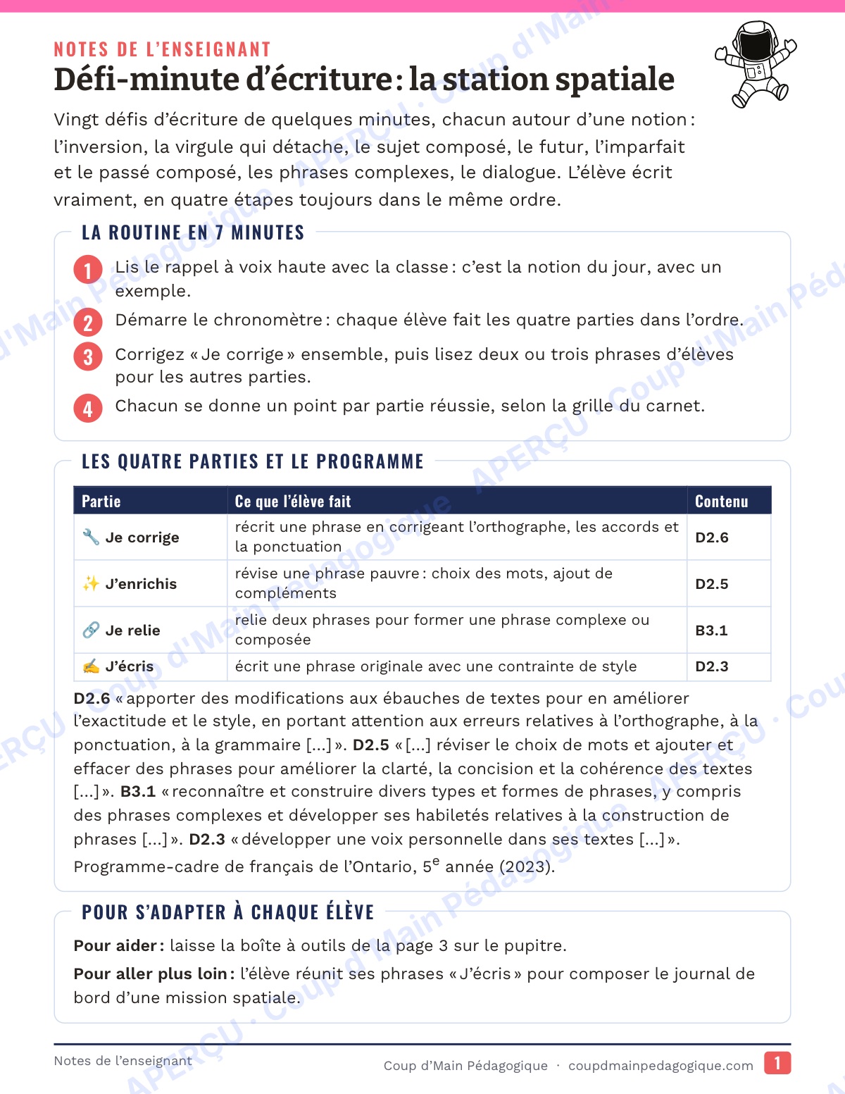 Page 1 — Défi-minute d'écriture — 5e, la station spatiale