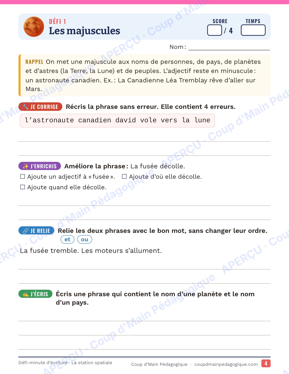 Page 4 — Défi-minute d'écriture — 5e, la station spatiale