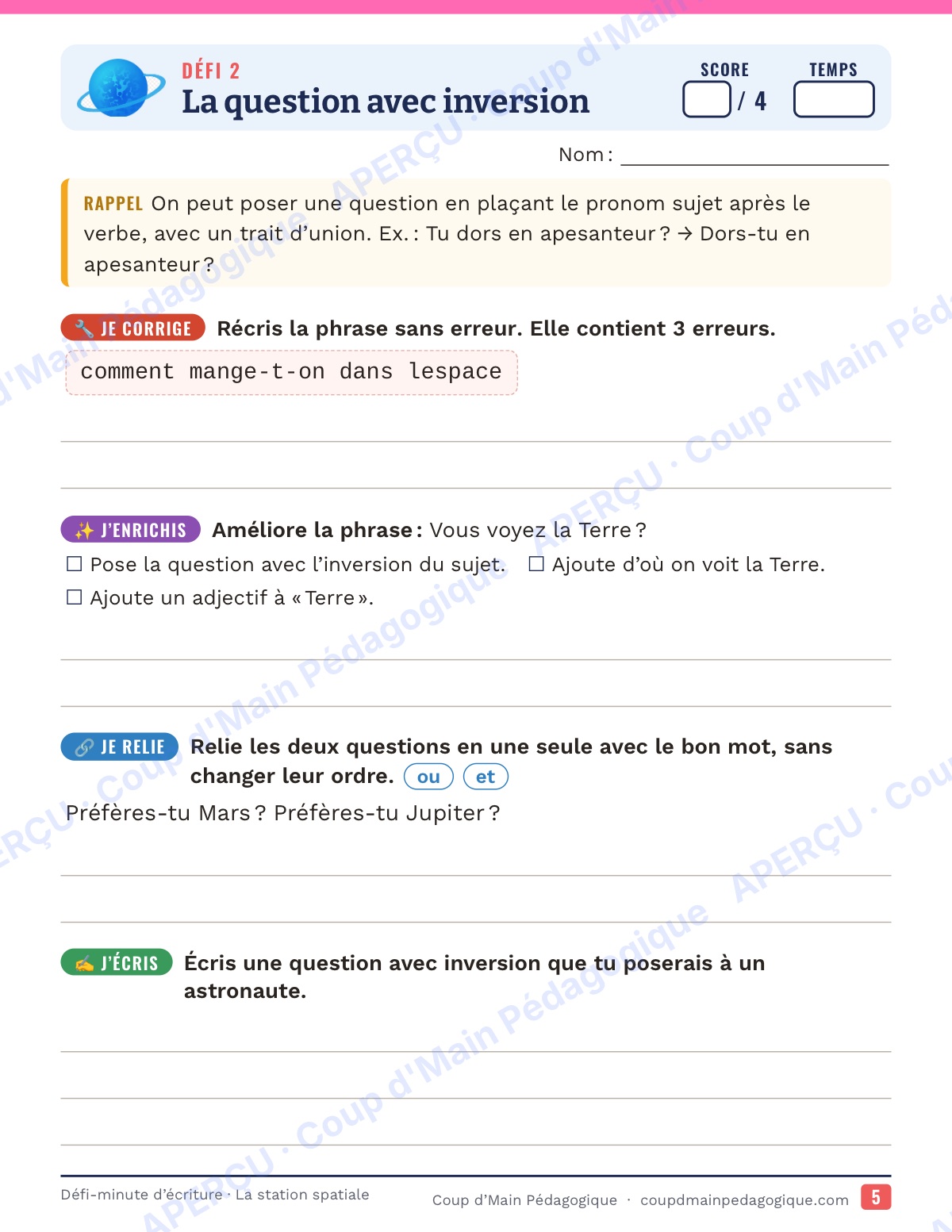 Page 5 — Défi-minute d'écriture — 5e, la station spatiale