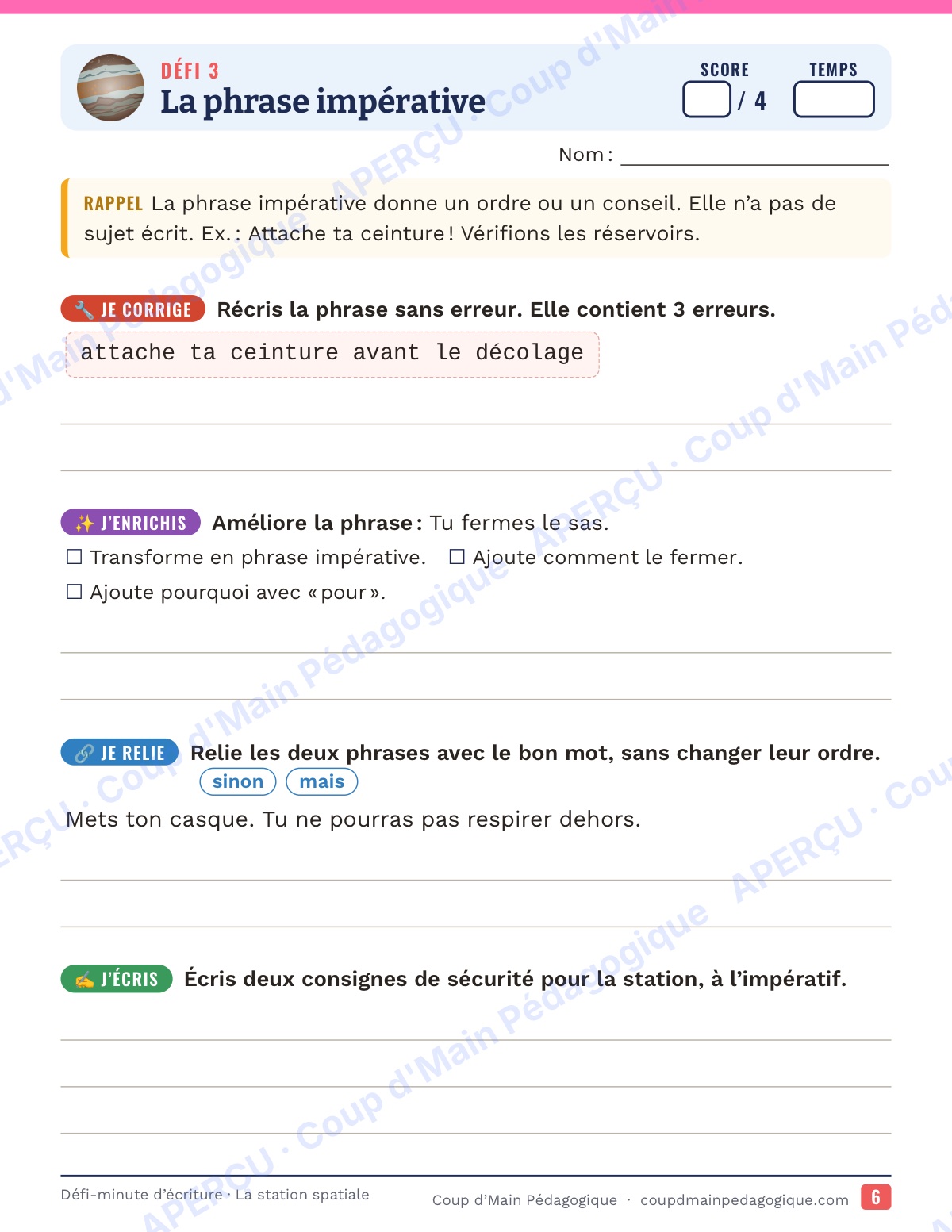Page 6 — Défi-minute d'écriture — 5e, la station spatiale