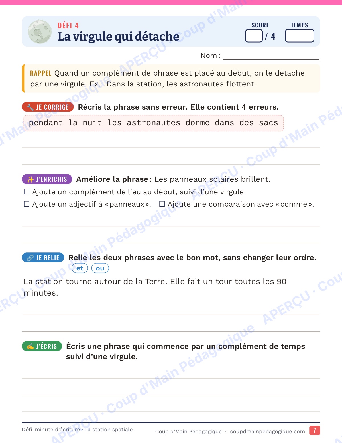 Page 7 — Défi-minute d'écriture — 5e, la station spatiale
