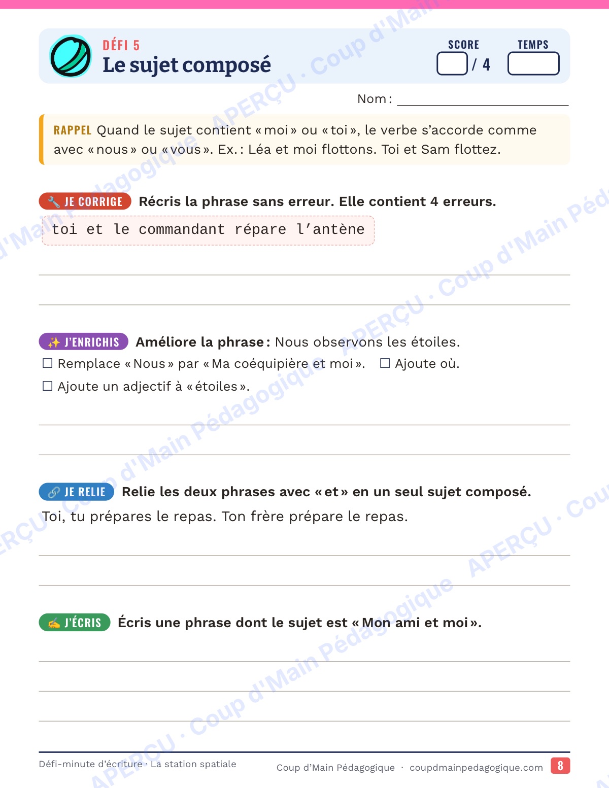 Page 8 — Défi-minute d'écriture — 5e, la station spatiale