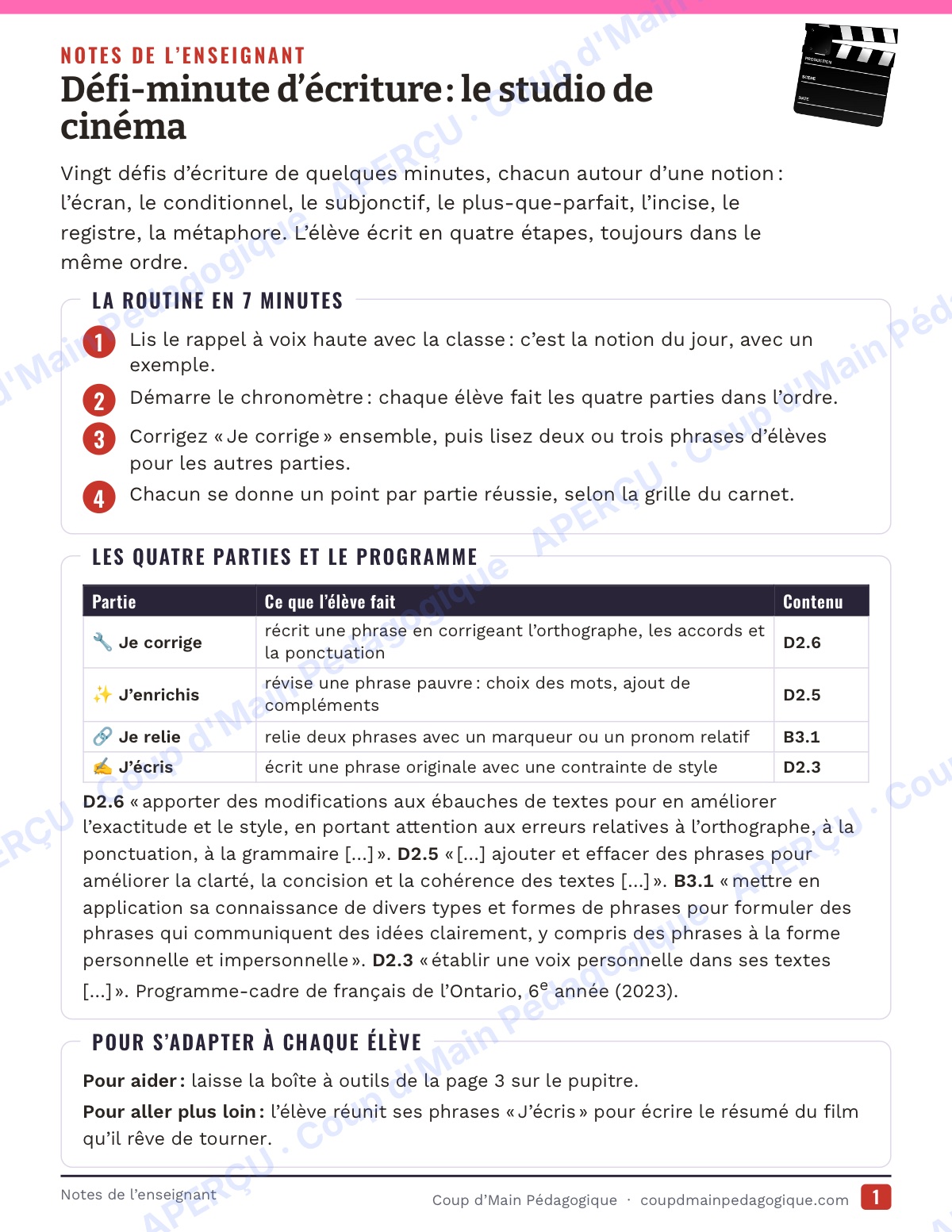 Page 1 — Défi-minute d'écriture — 6e, le studio de cinéma