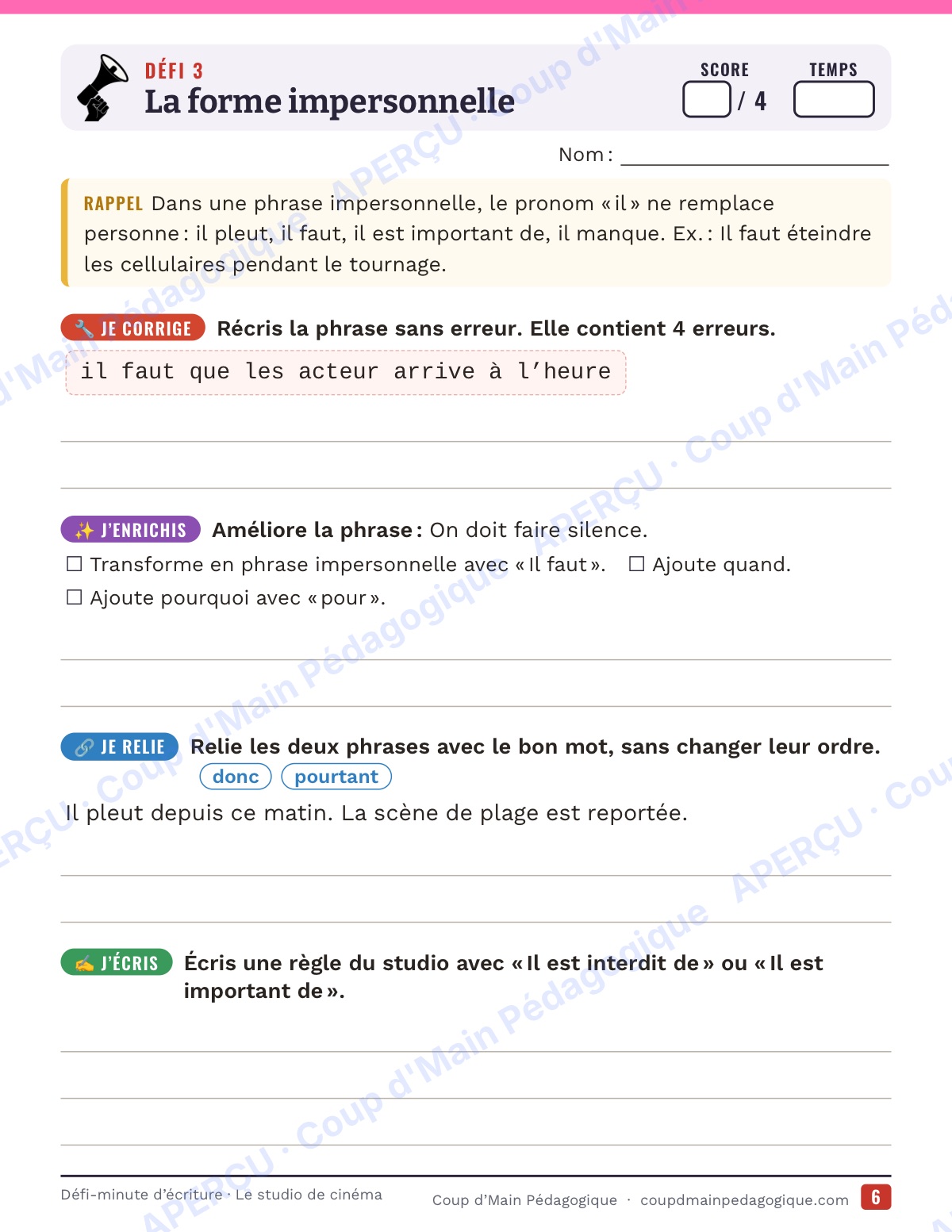 Page 6 — Défi-minute d'écriture — 6e, le studio de cinéma