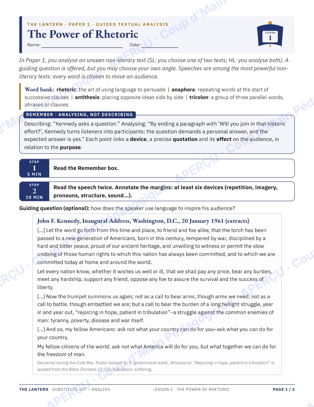 Page 1 — English A IB — 11e-12e, trousse de suppléance