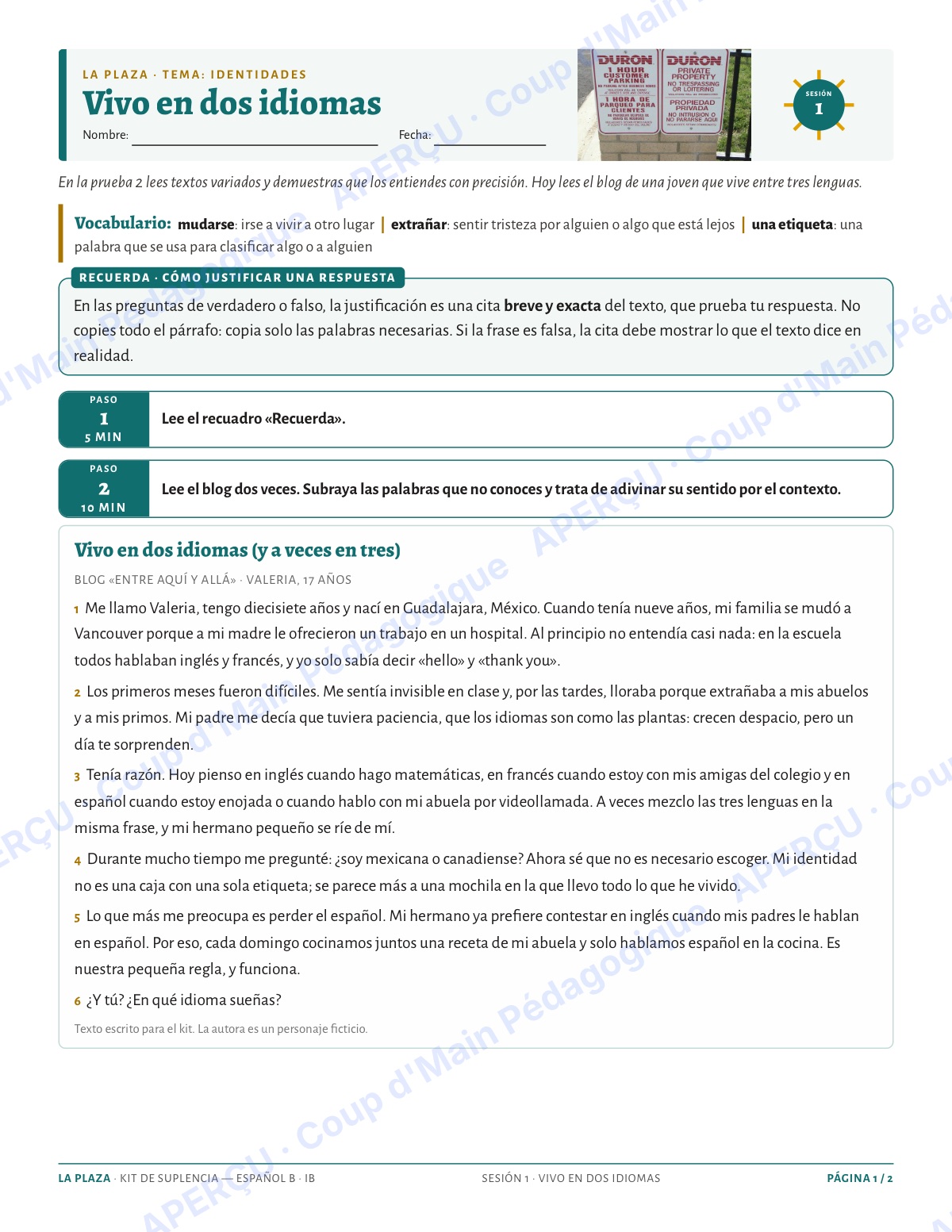 Page 1 — Espagnol B IB — 11e-12e, trousse de suppléance