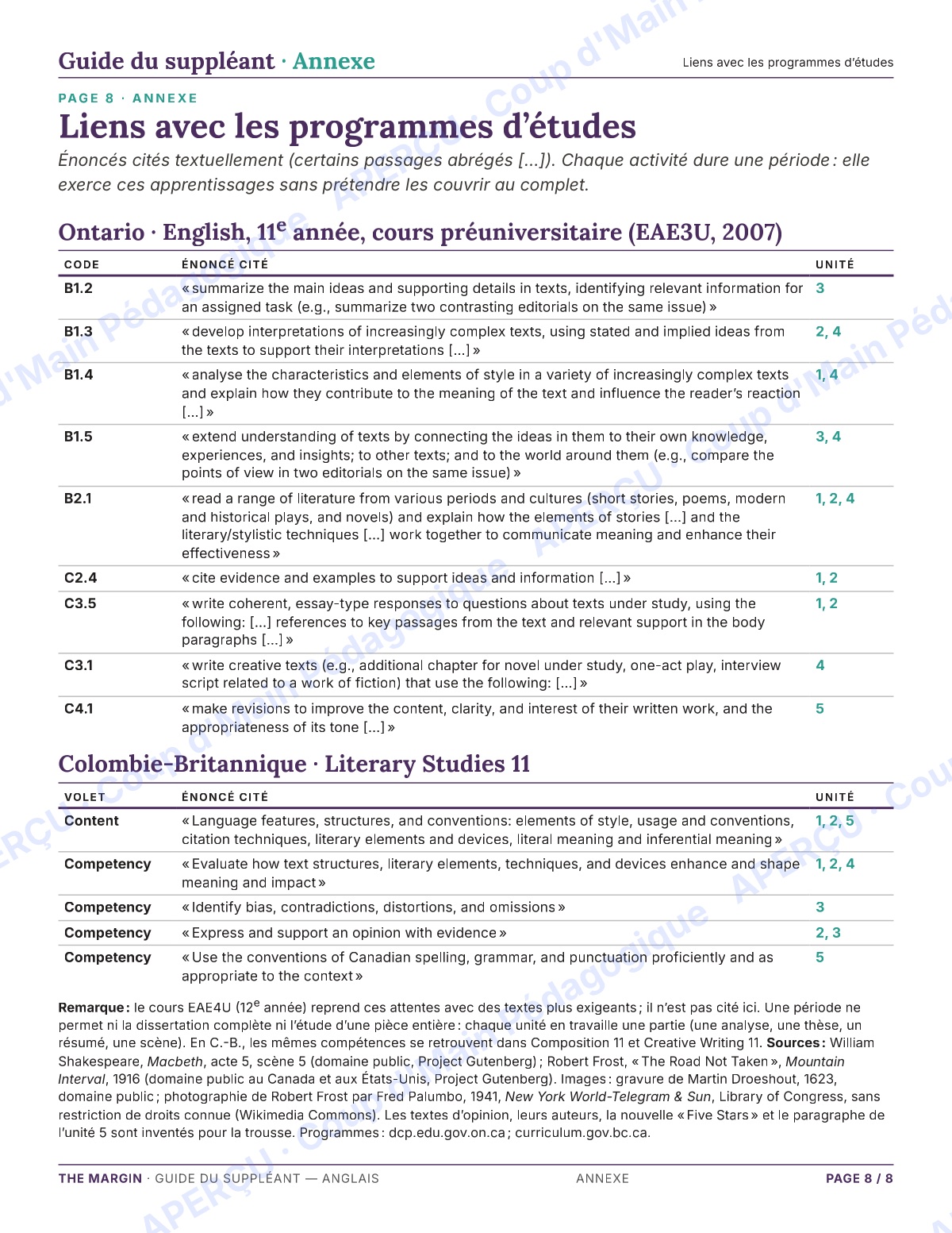 Page 8 — Anglais — 11e-12e, trousse de suppléance