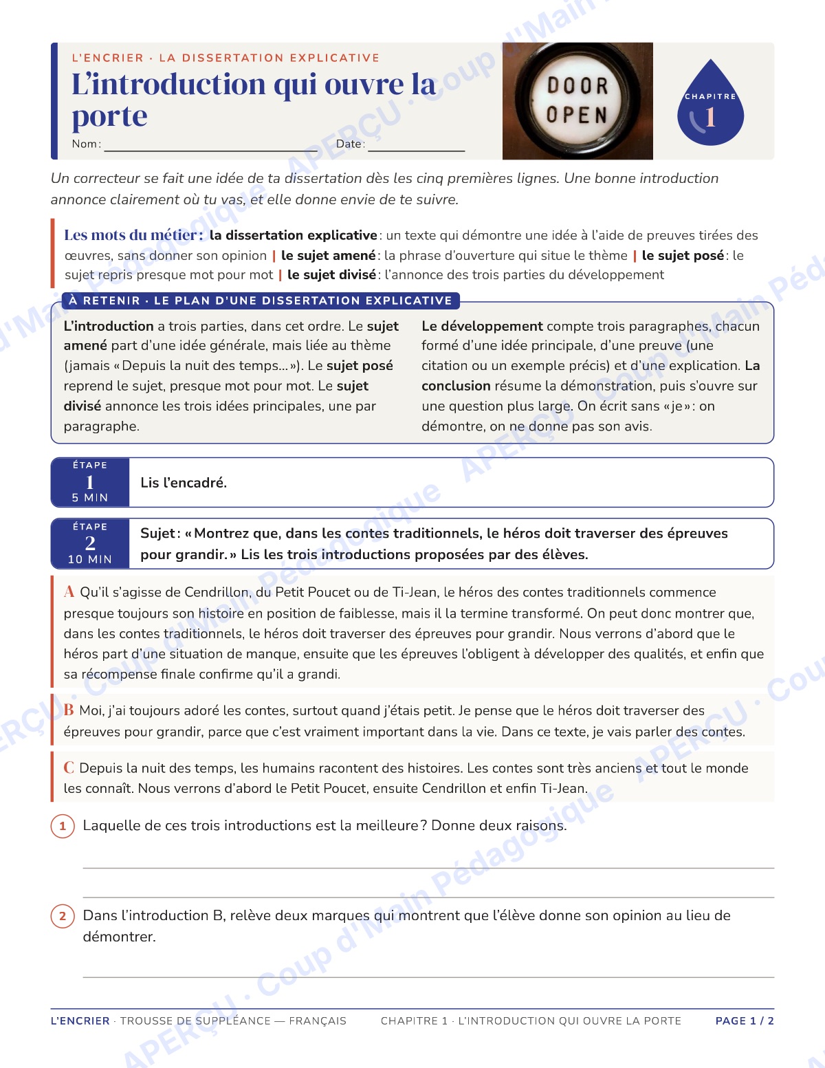 Page 1 — Français — 11e-12e, trousse de suppléance