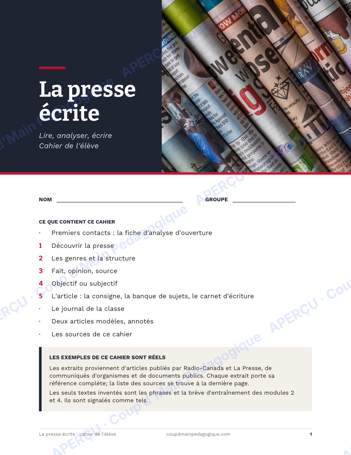 Page 1 — La presse écrite — 11e-12e année, unité complète