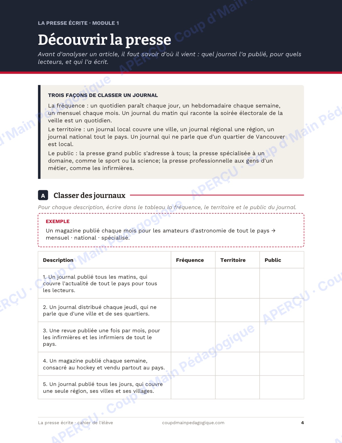 Page 4 — La presse écrite — 11e-12e année, unité complète