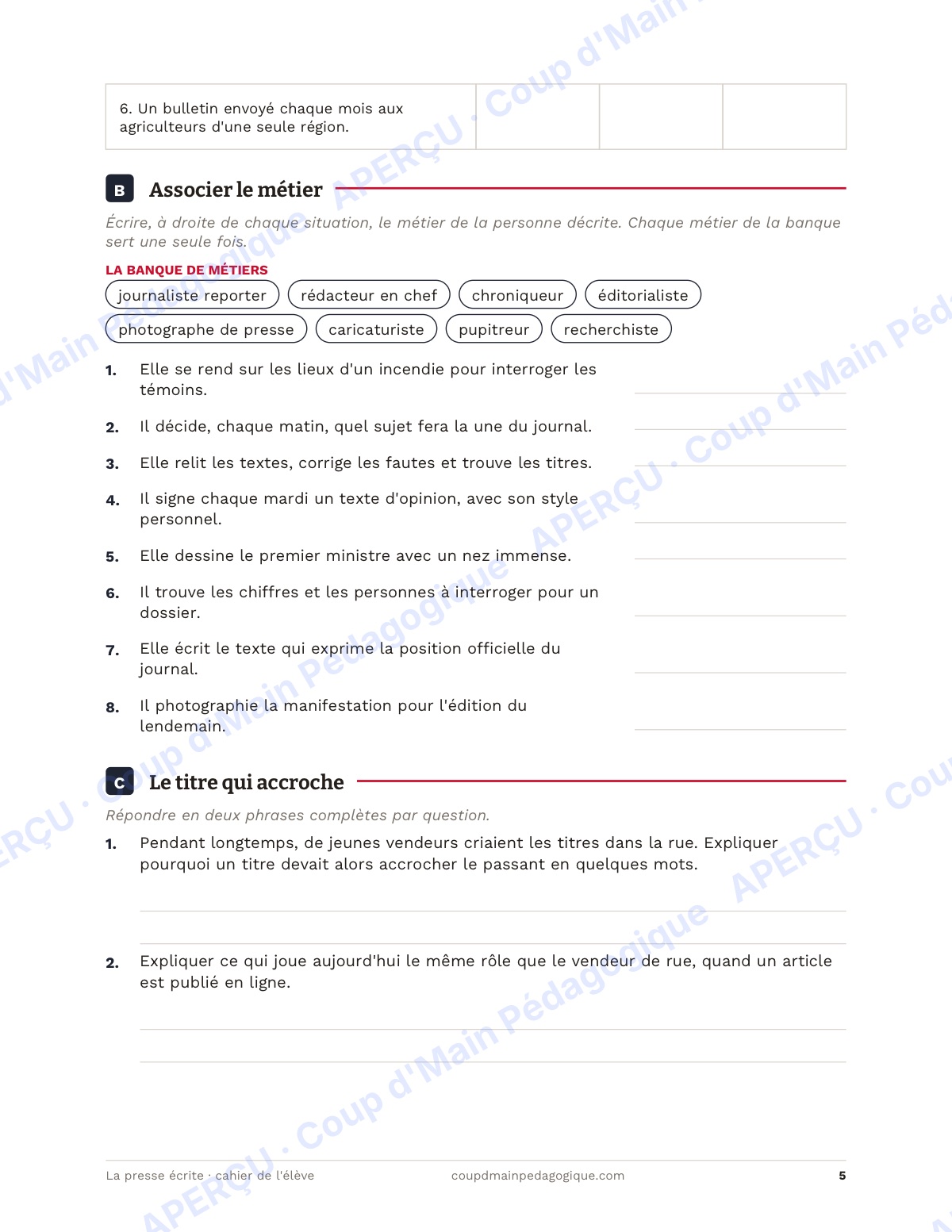 Page 5 — La presse écrite — 11e-12e année, unité complète