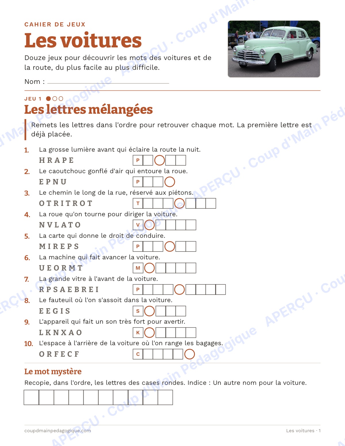 Page 1 — Les voitures — 4e-6e année, jeux de vocabulaire