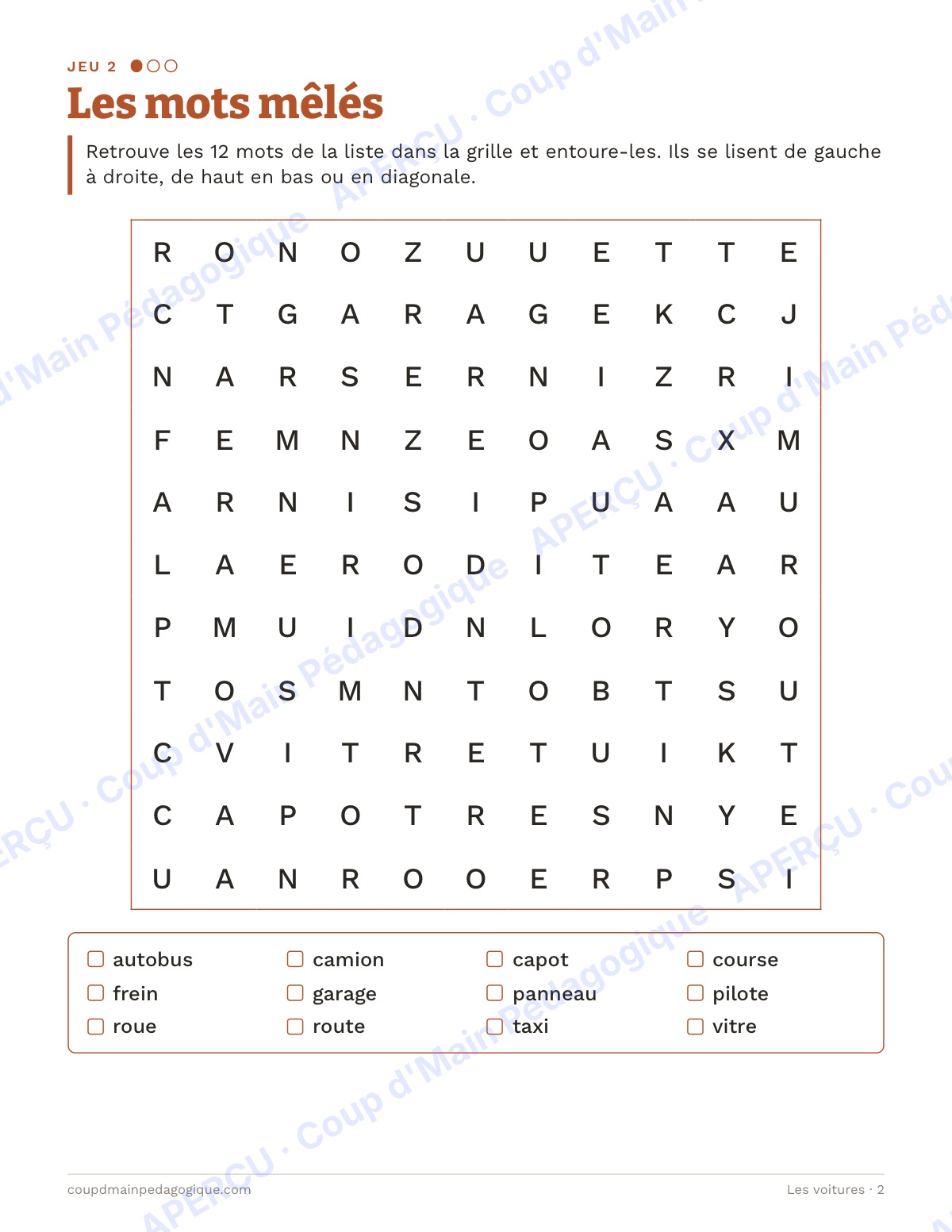 Page 2 — Les voitures — 4e-6e année, jeux de vocabulaire