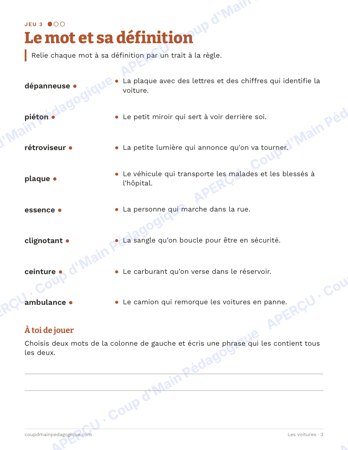 Page 3 — Les voitures — 4e-6e année, jeux de vocabulaire