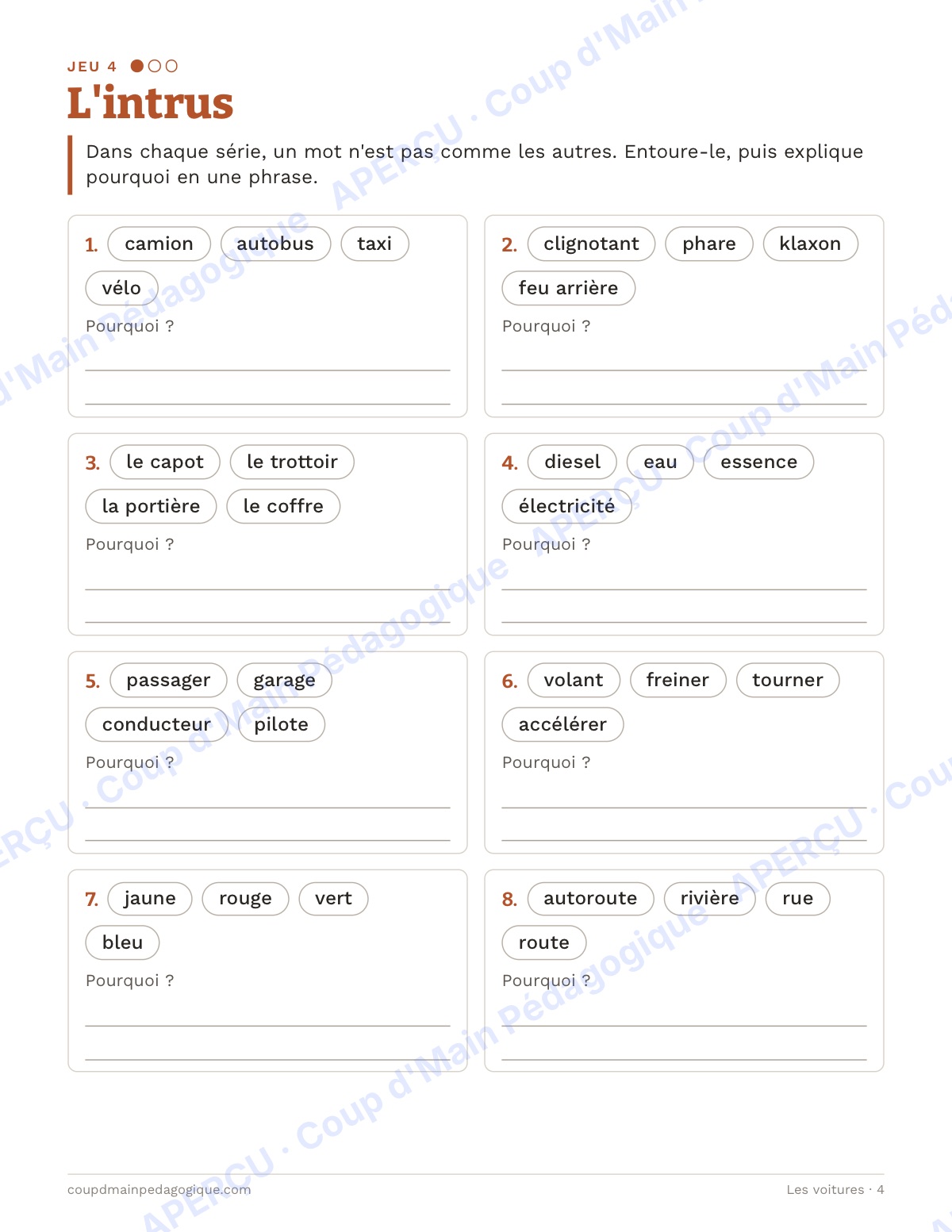 Page 4 — Les voitures — 4e-6e année, jeux de vocabulaire