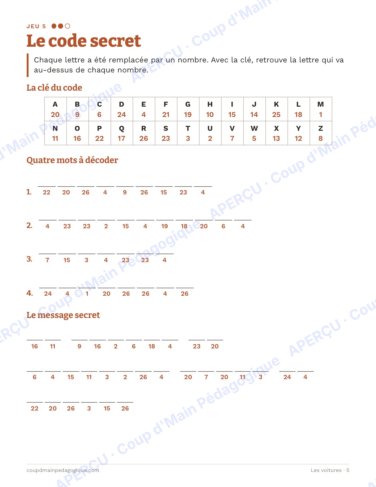 Page 5 — Les voitures — 4e-6e année, jeux de vocabulaire
