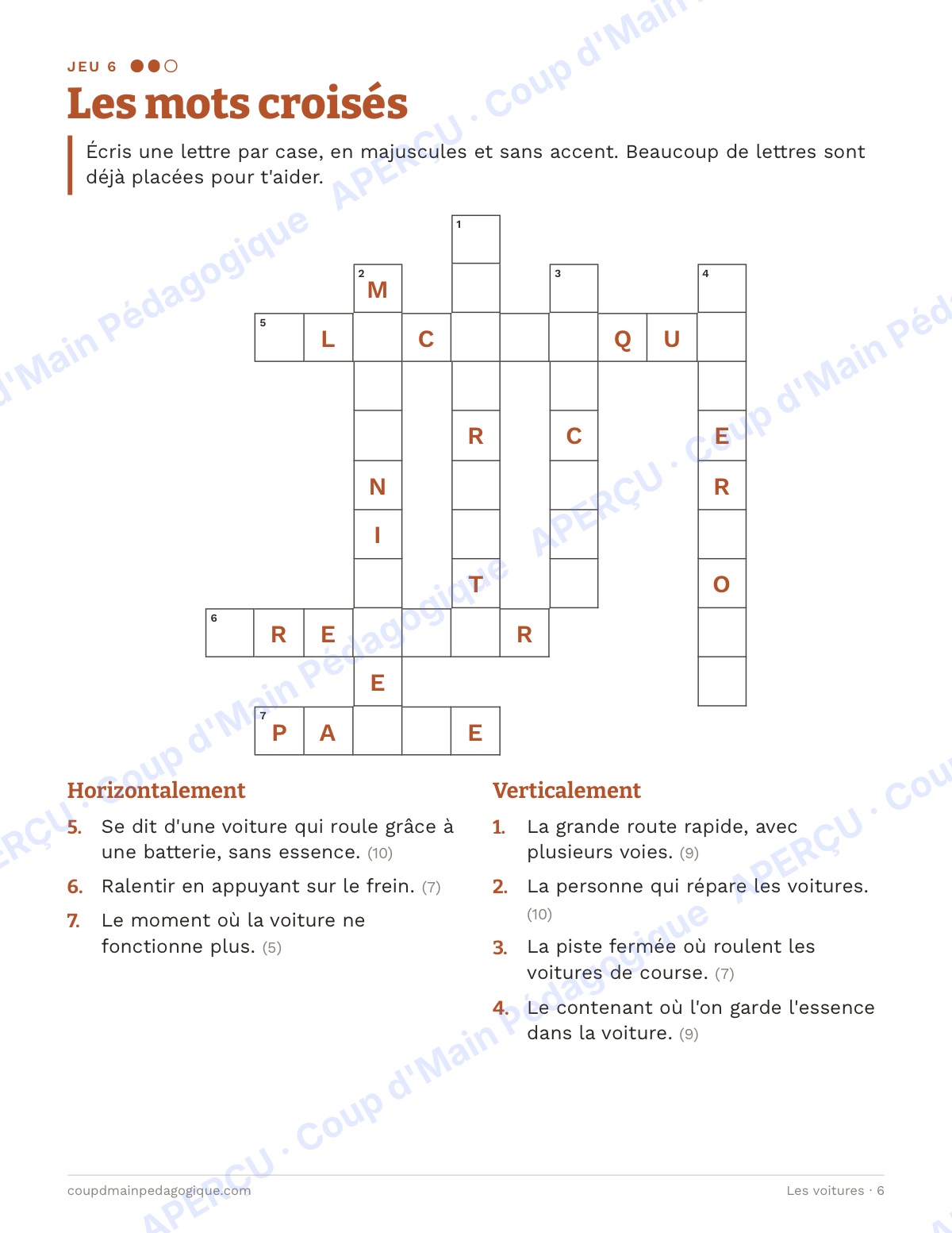Page 6 — Les voitures — 4e-6e année, jeux de vocabulaire