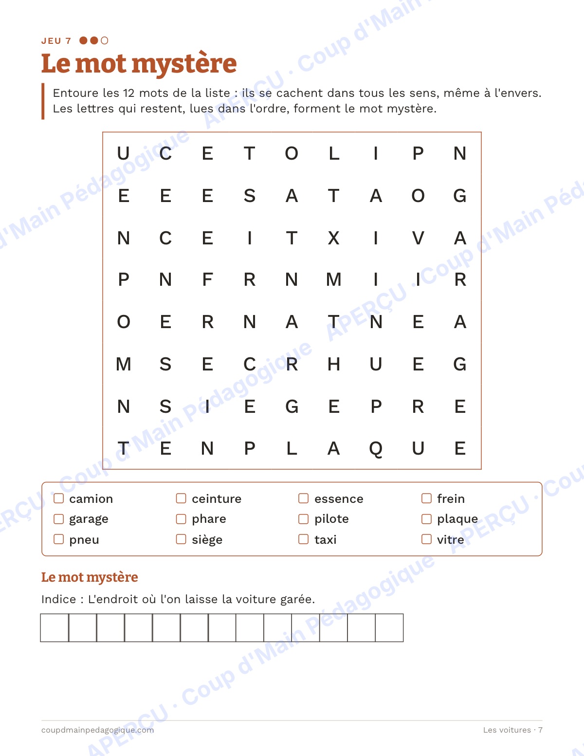 Page 7 — Les voitures — 4e-6e année, jeux de vocabulaire