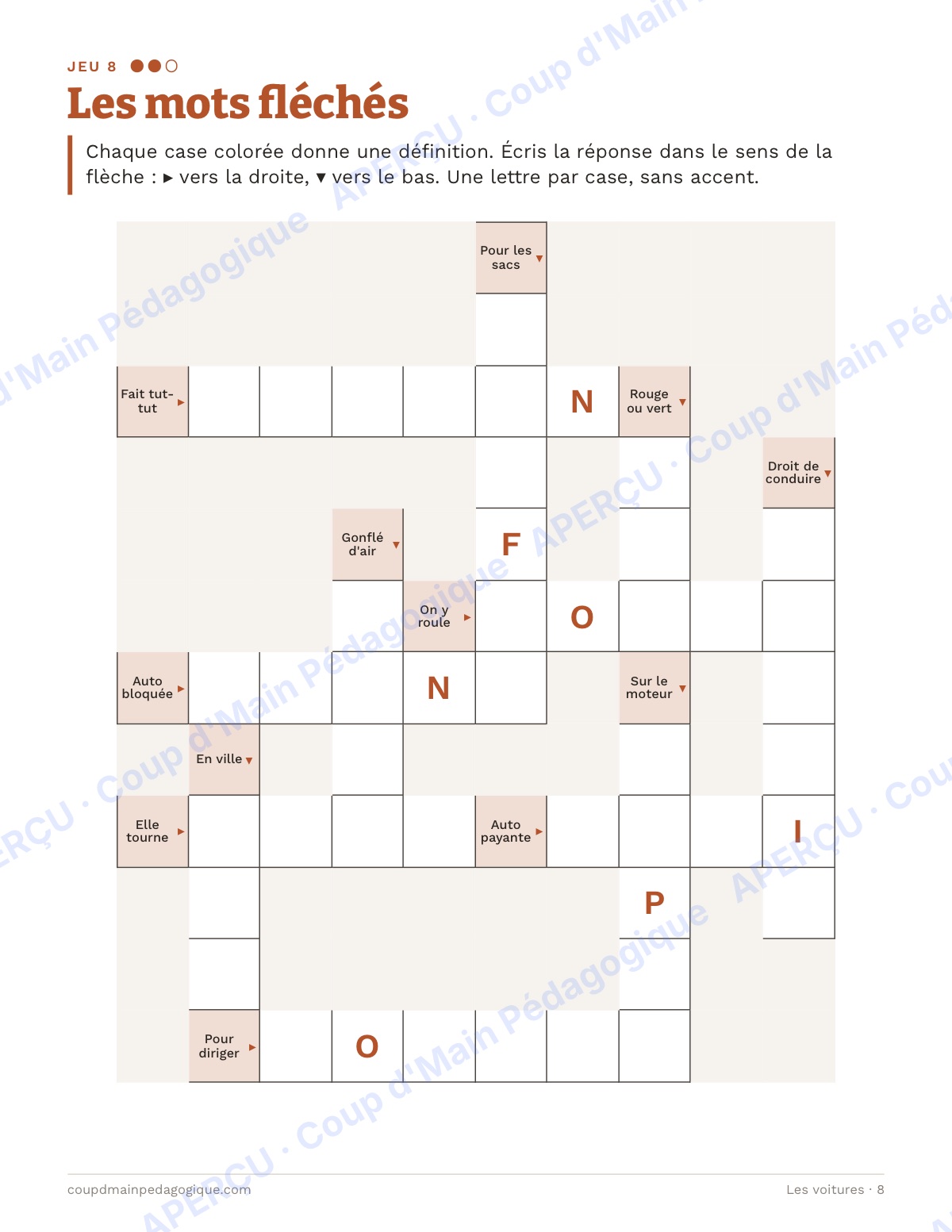 Page 8 — Les voitures — 4e-6e année, jeux de vocabulaire