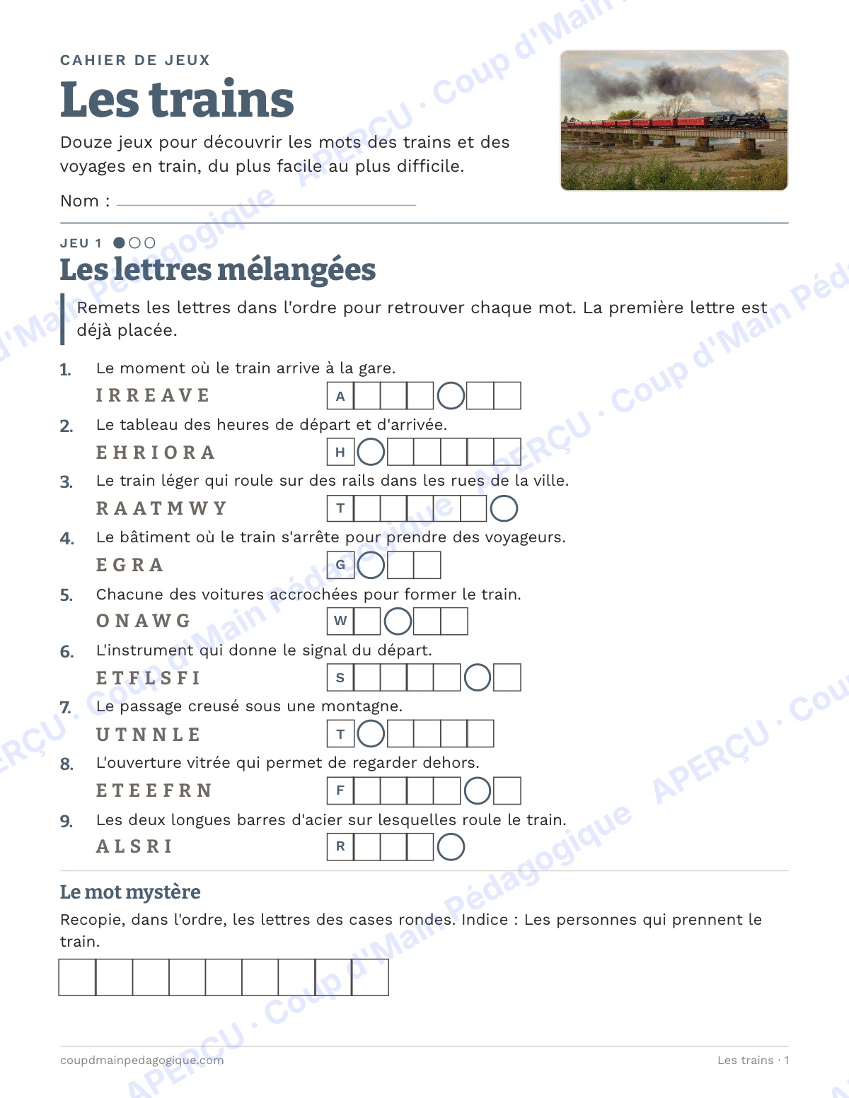 Page 1 — Les trains — 4e-6e année, jeux de vocabulaire
