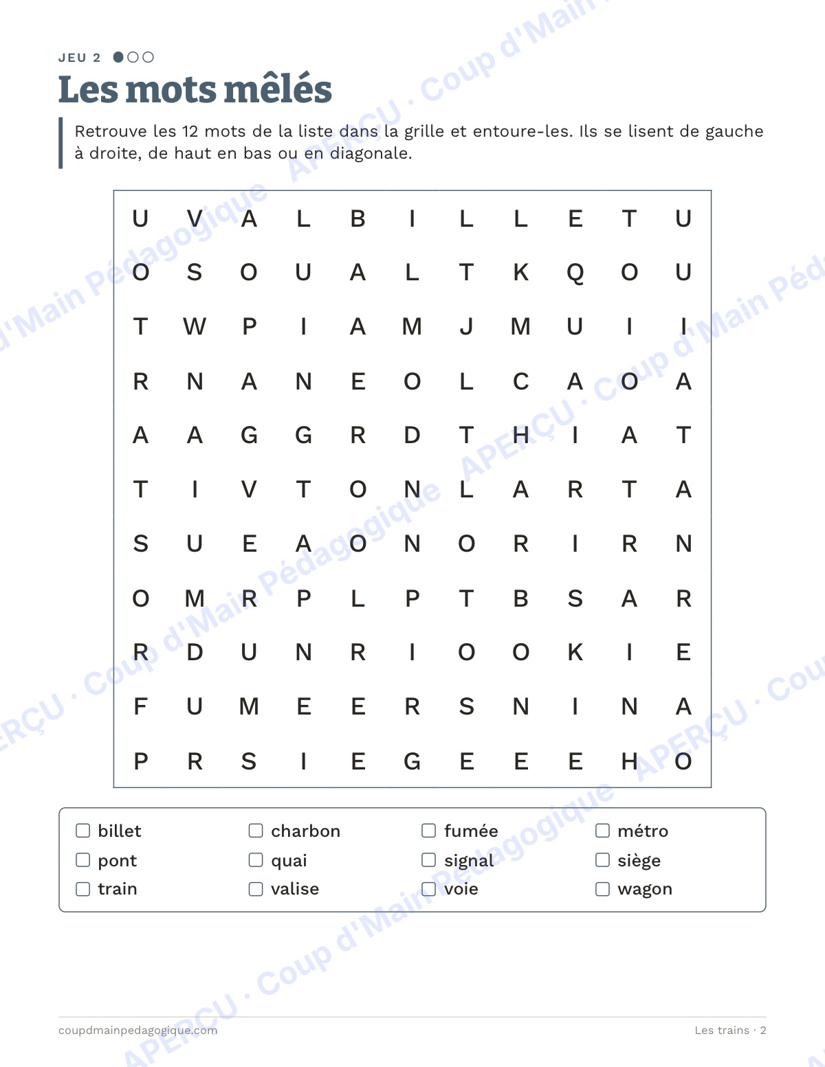 Page 2 — Les trains — 4e-6e année, jeux de vocabulaire