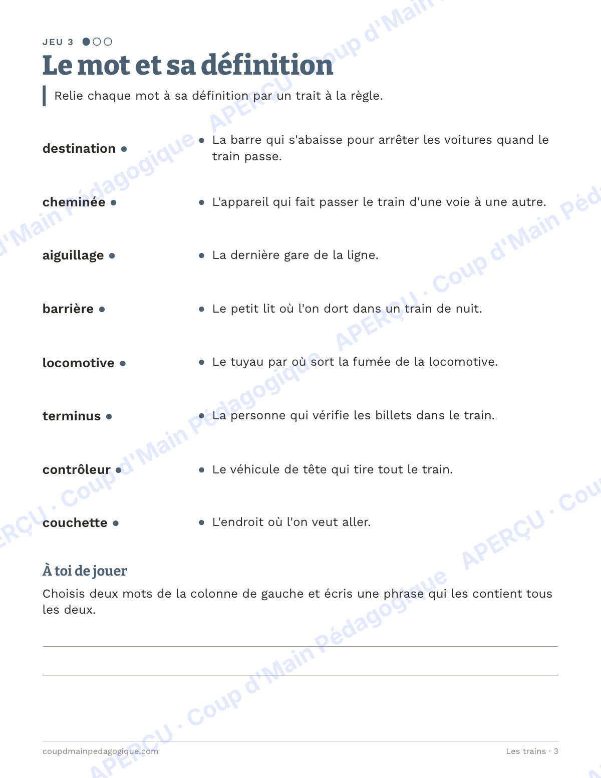 Page 3 — Les trains — 4e-6e année, jeux de vocabulaire