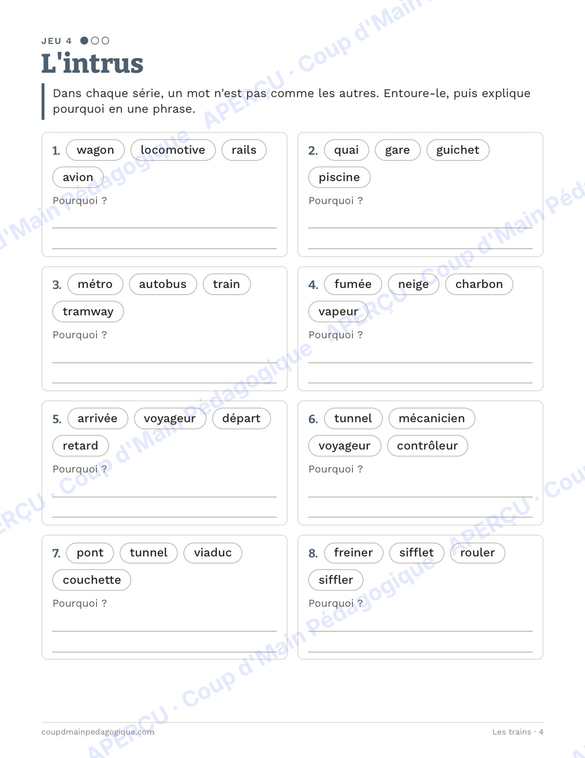 Page 4 — Les trains — 4e-6e année, jeux de vocabulaire