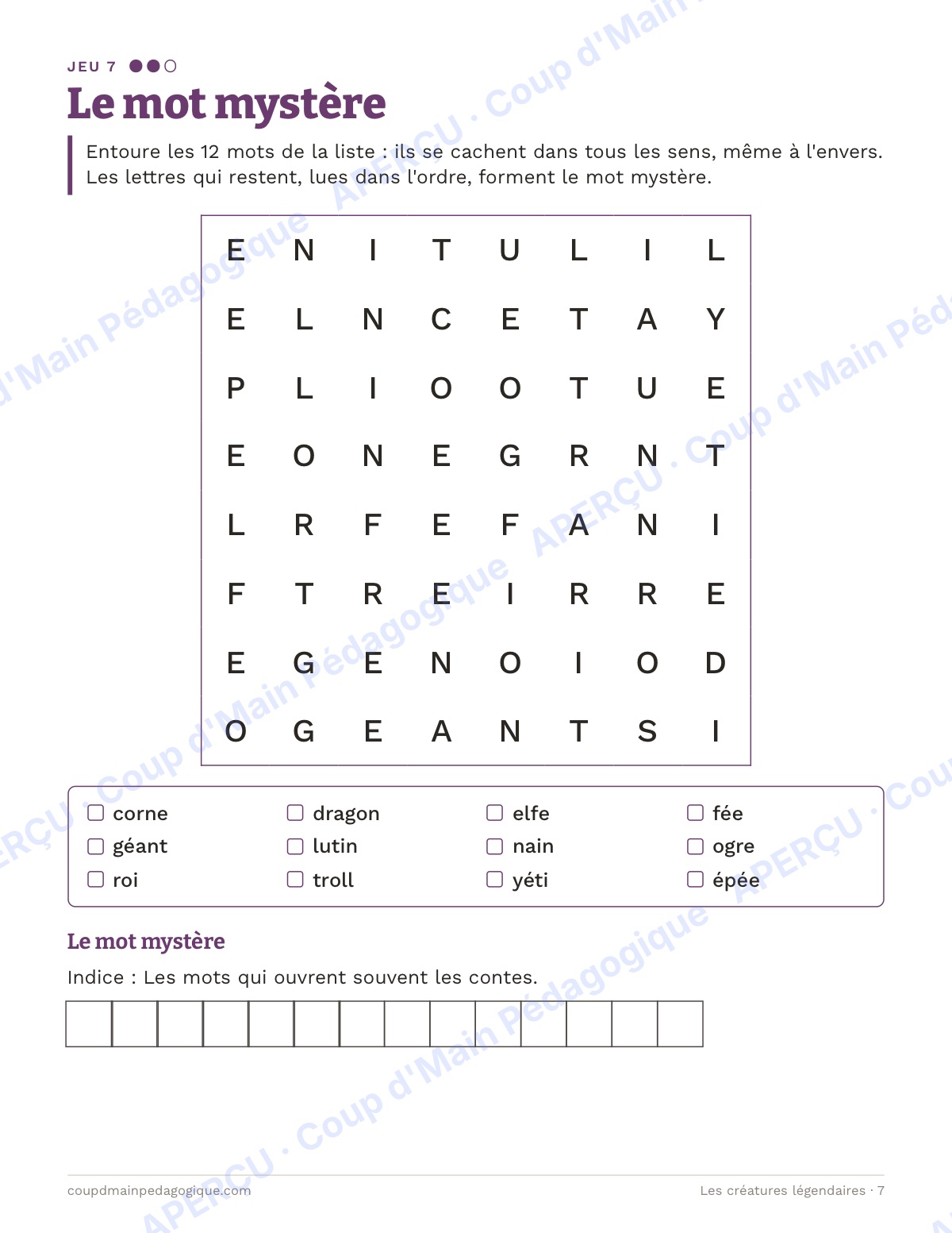 Page 7 — Créatures légendaires — 4e-6e, cahier de jeux