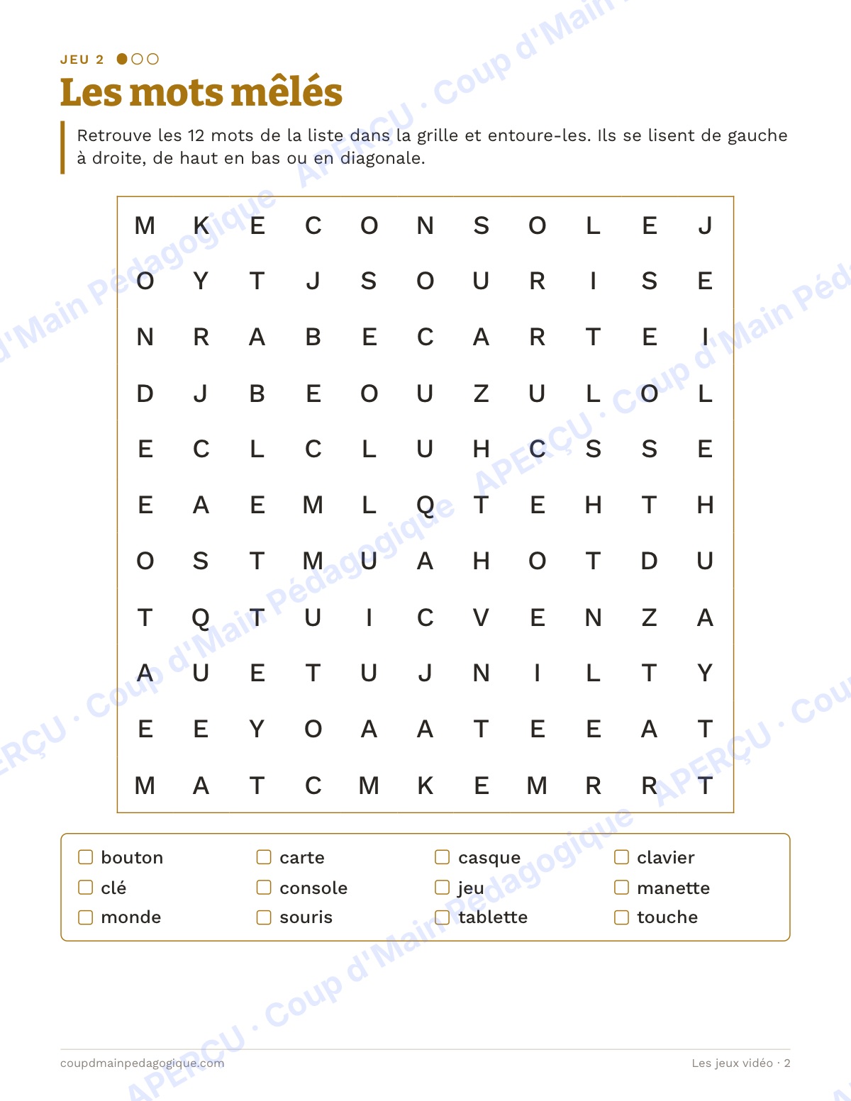 Page 2 — Les jeux vidéo — 4e-6e année, jeux de vocabulaire
